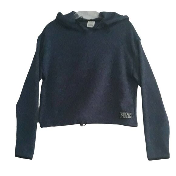 Pink Victoria Secret Cropped Sweat Shirt Womens XS Blue Hooded Drawstrings - Picture 2 of 9